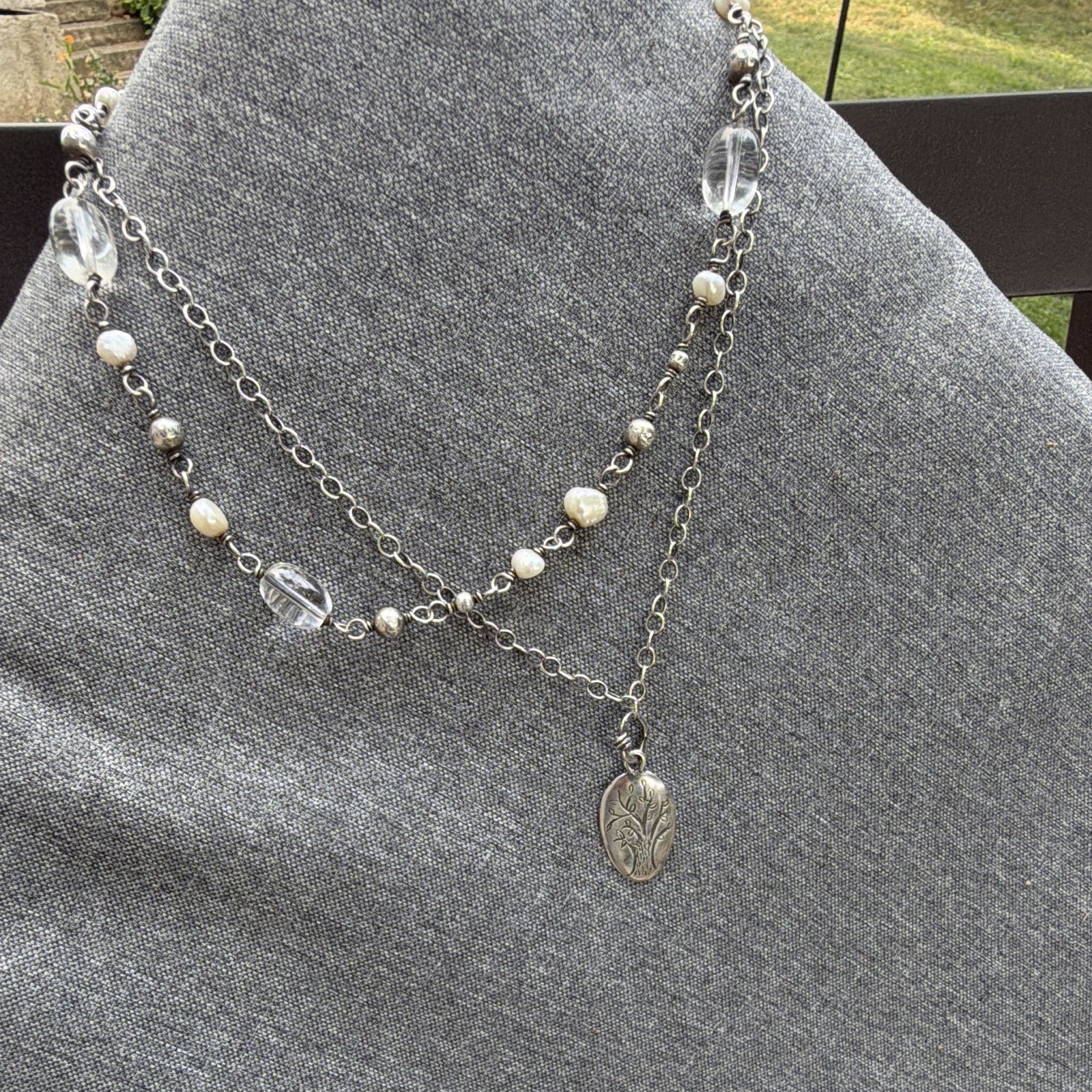 Silpada Silver Beaded Cable Chain Necklace, Engraved Family Oval Charm, Pearl