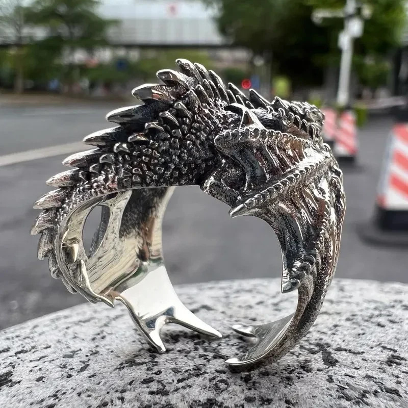 New Vintage Gothic Punk Dragon Ring Adjustable Pterosaur Wings Retro Silver Men’