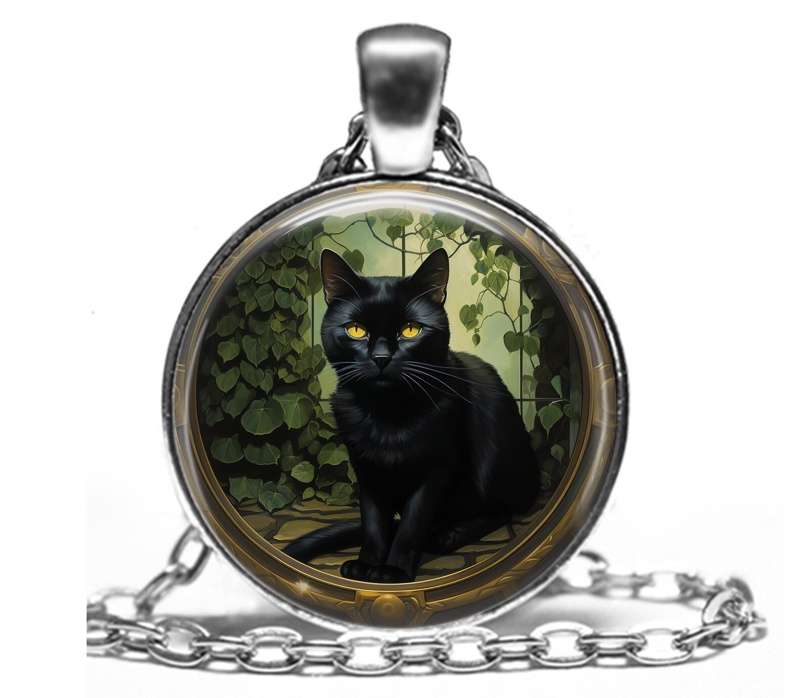 Black Cat Pendant Necklace 24″ Oval Link Chain Cat Lover Jewelry Gift
