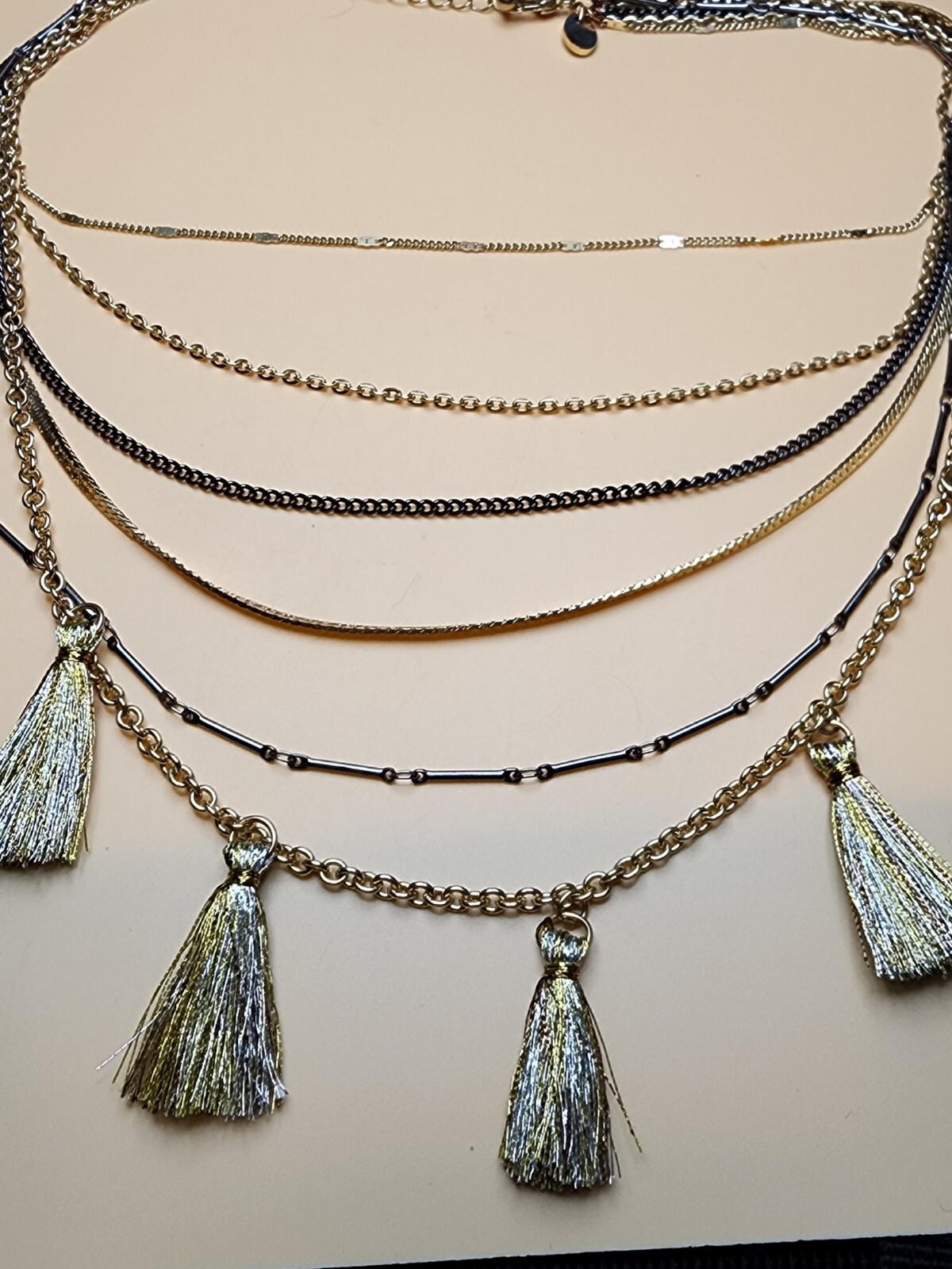 Vtg CHARMING CHARLIE Signed Multi-Strand Tassle Necklace Mixed Metal FREE $HIP!!