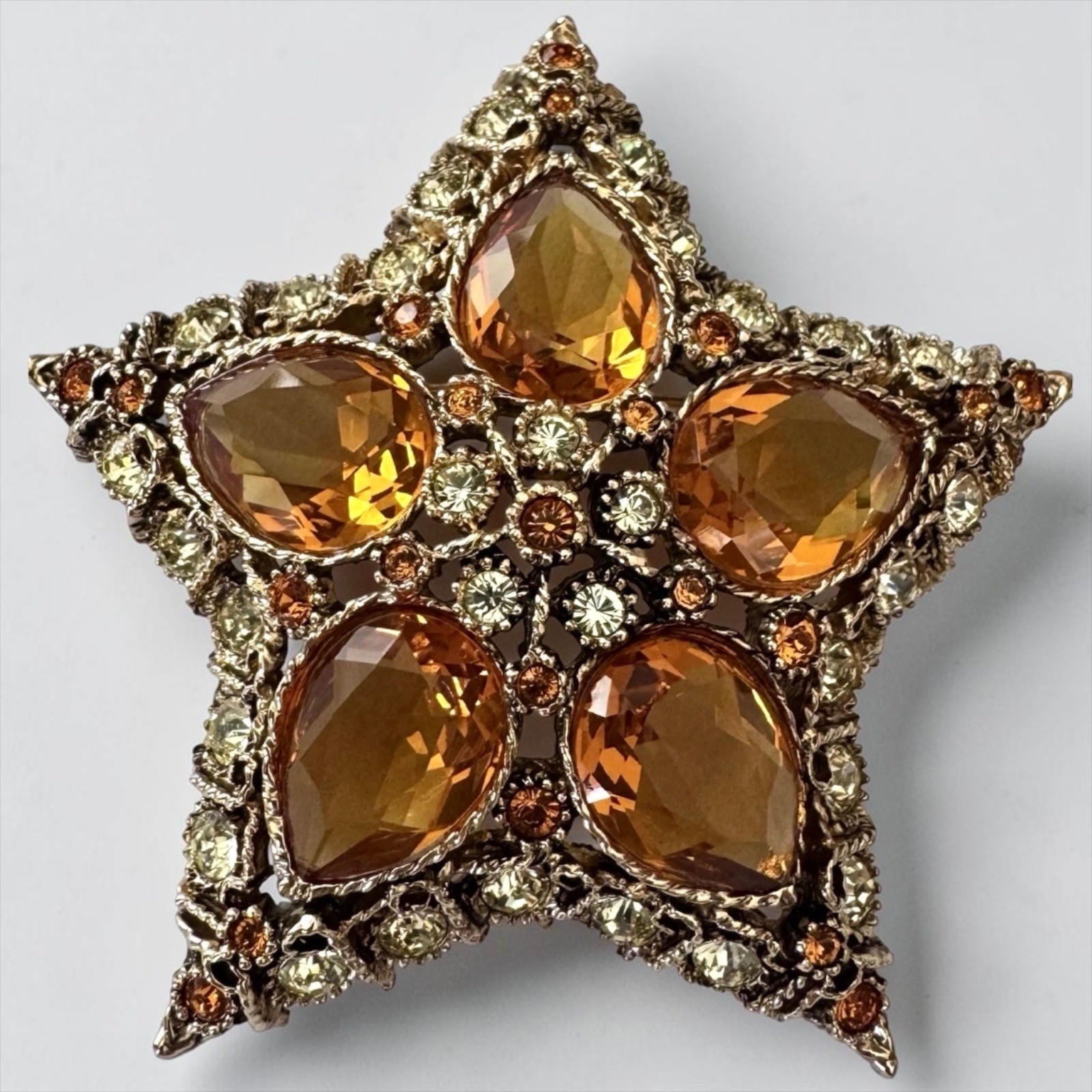 KJL Kenneth Jay Lane Star Brooch Citrine Topaz Rhinestone Gold Tone Pin