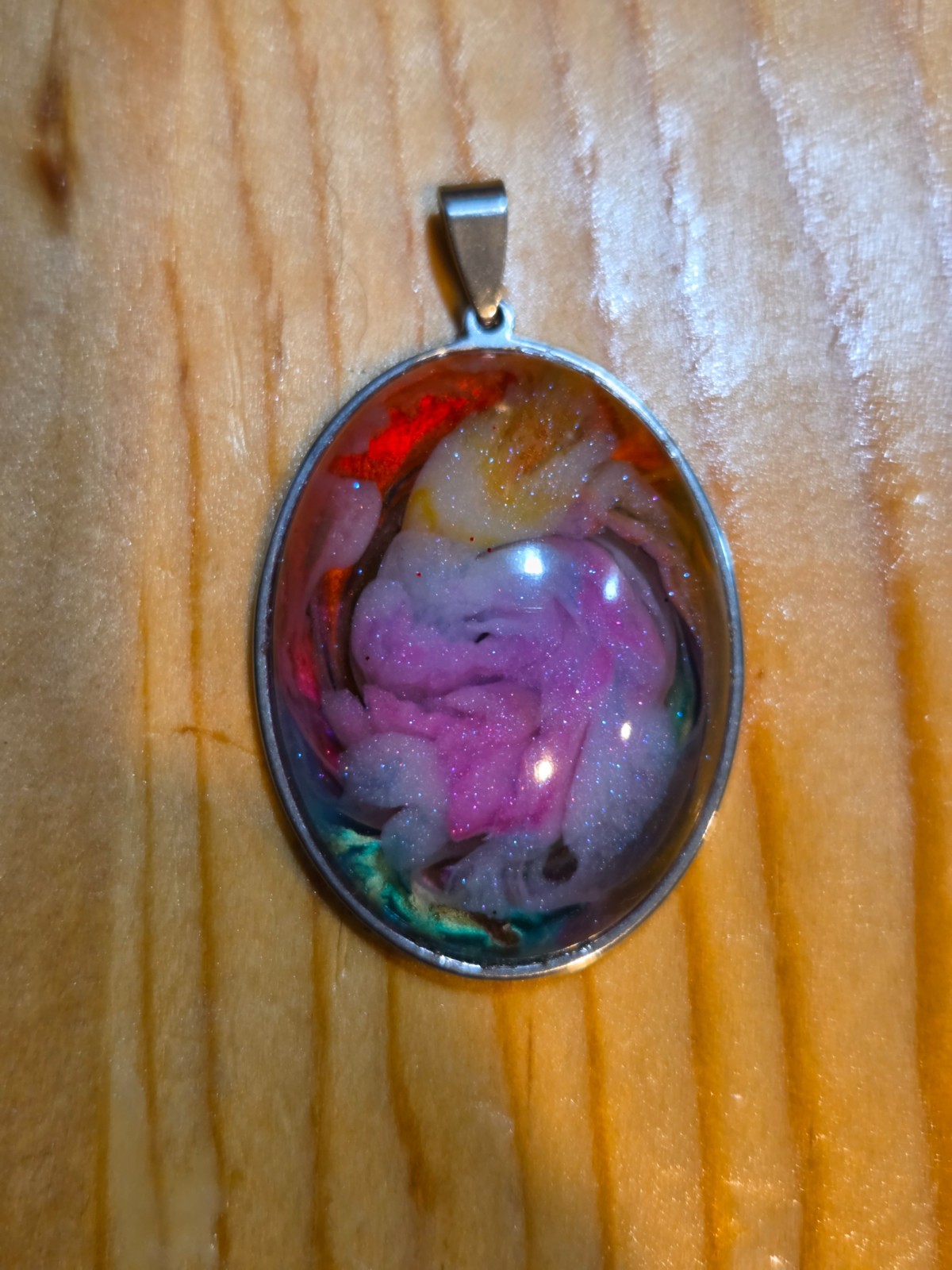 OOAK Nebula Series Petri Effect Resin Oval Pendant Stainless Steel N093