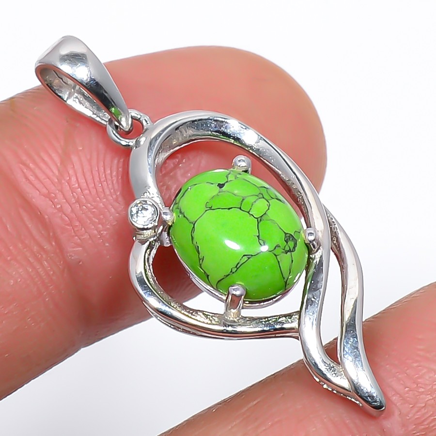 Green Turquoise & Cz 925 Sterling Silver Pendant 1.3″ M1596