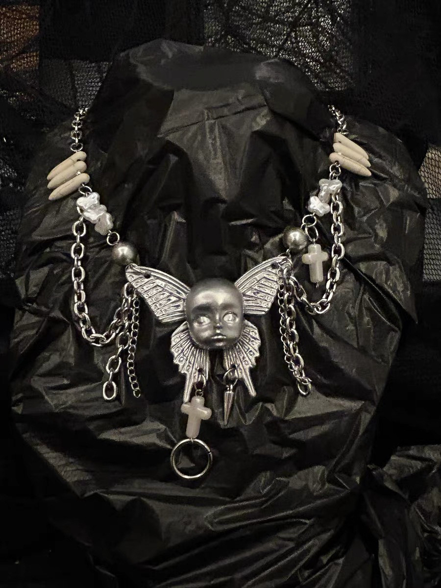 Gothic Winged Doll Head Statement Necklace