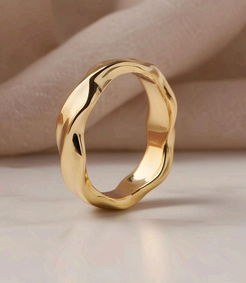 Gold Surgical Steel Wave Ring Minimalist Textured Liquid Band