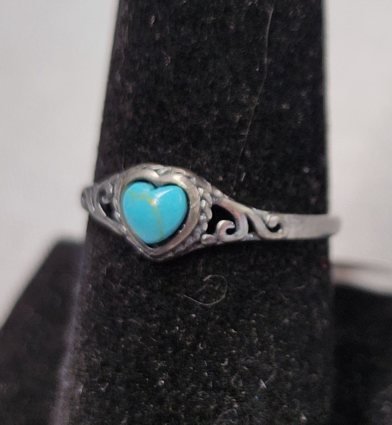 Sac Silver Simulated Turquoise Heart Ring sz 8 Sterling Silver
