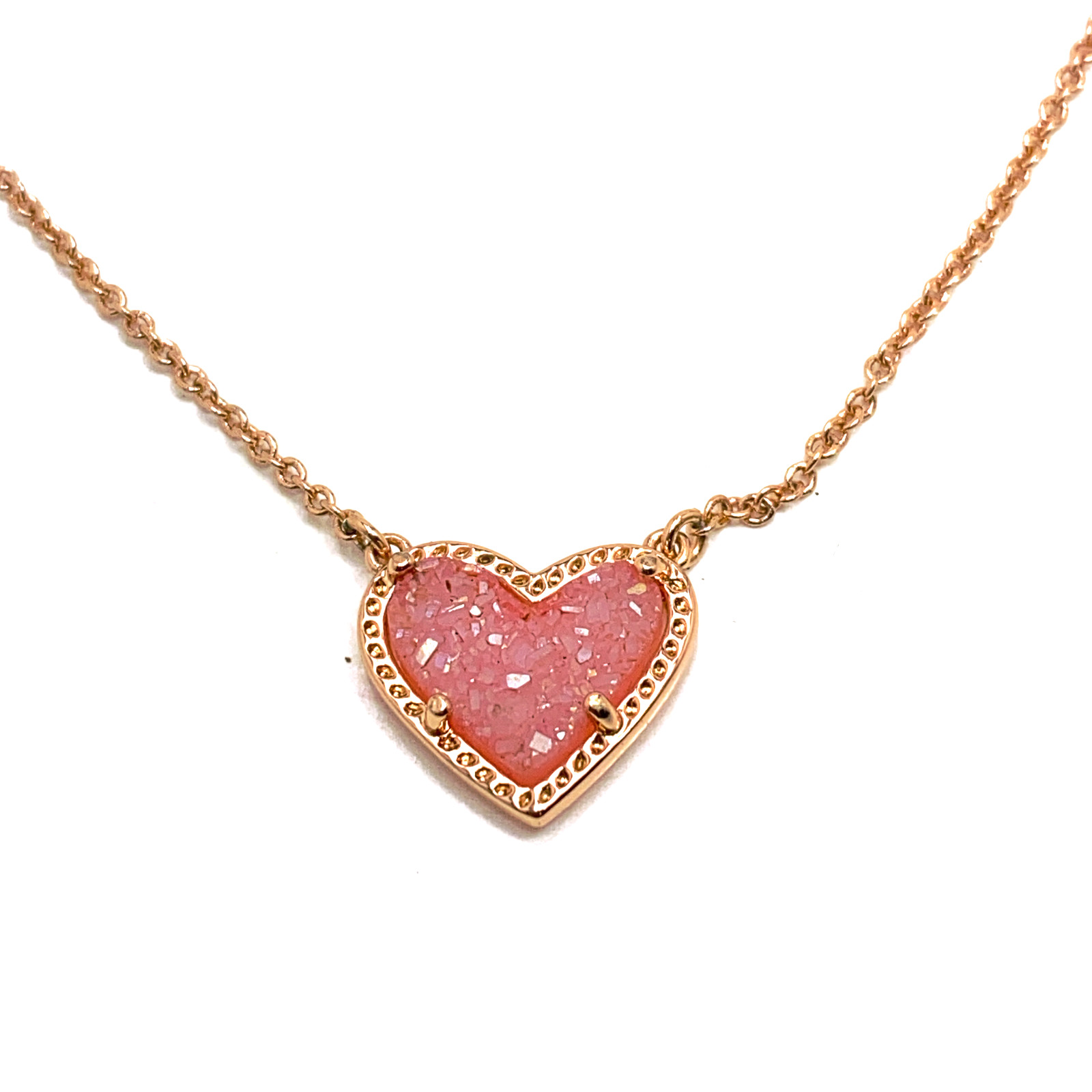 KENDRA SCOTT Pink Heart ARI Necklace Rose Gold Plated Drusy Quartz 18 In