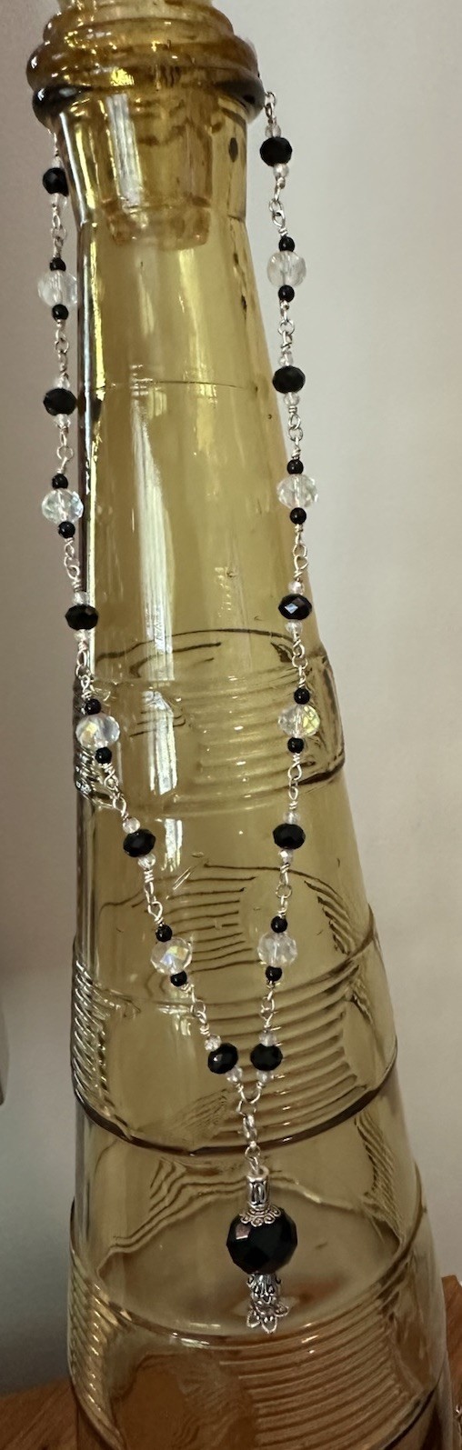 AB Crystal Necklace Pendant Clear & Black Faceted Glass Beads Silver Tone