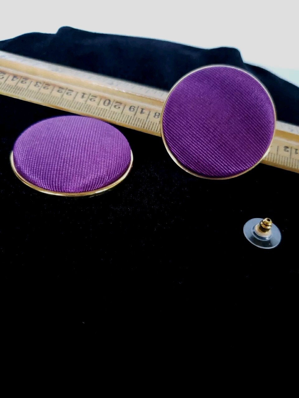 Vintage 80s 90s Earrings Round Statement 1 5/8 In Pierced Purple Fabric