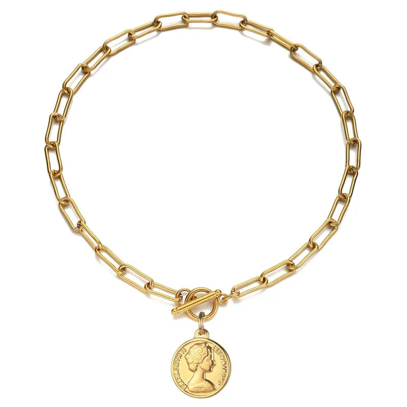 Layering Gold Paperclip Chain Necklace, Vintage Coin Pendant Toggle Choker Gift