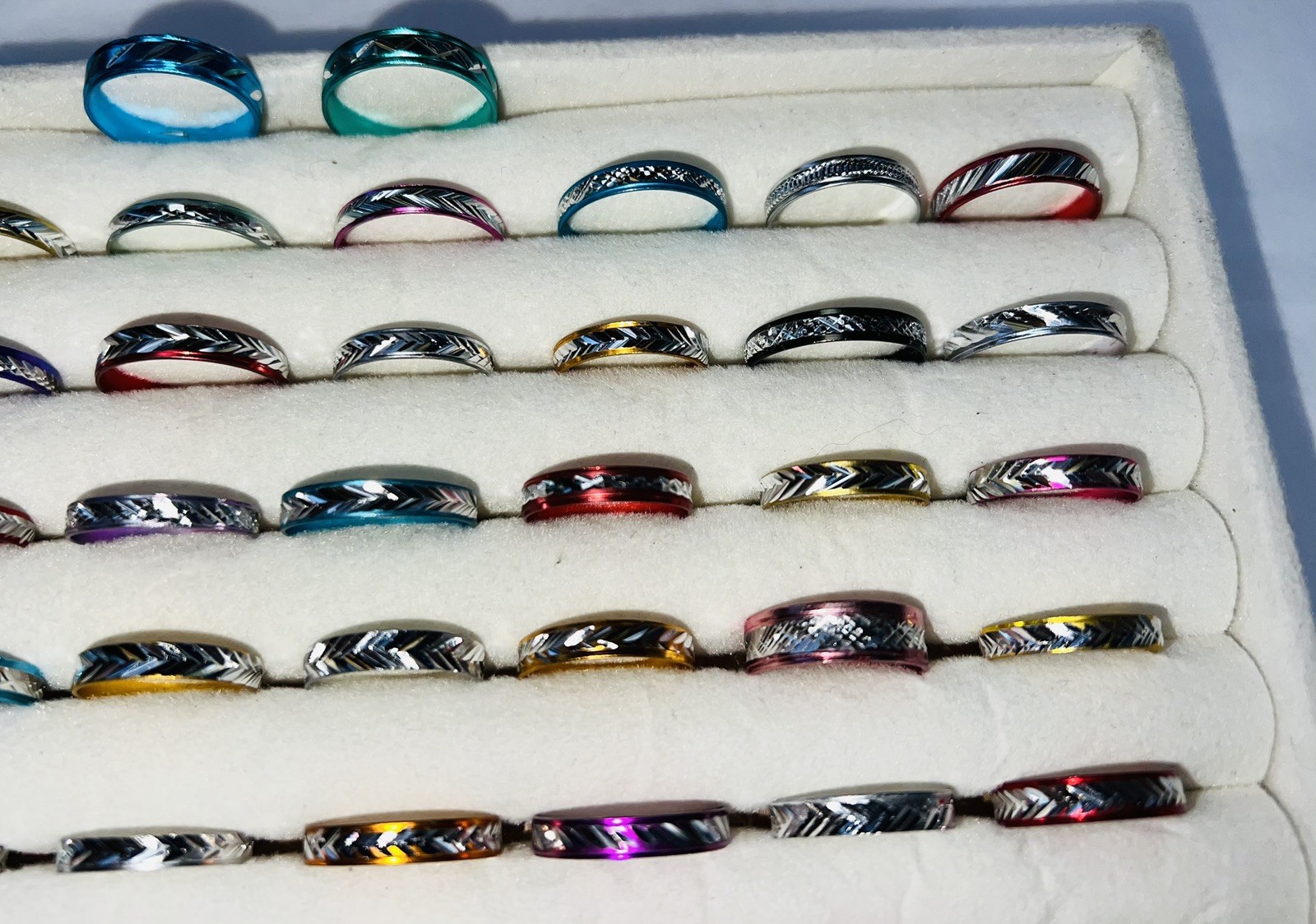 Bundle of 50 ALUMINIUM Silver Carved Different Coloured RINGS Mixed Sizes