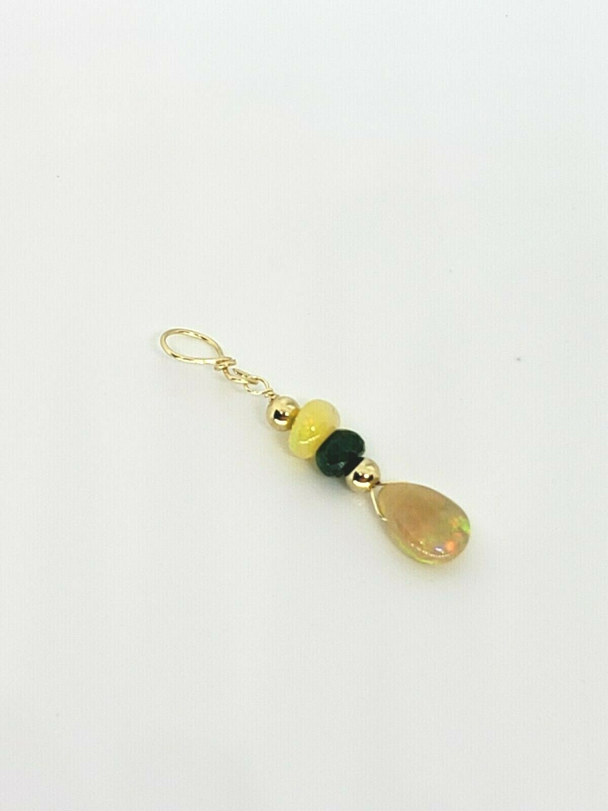 14k Yellow Gold Ethiopian Opal Briolette and Green Sapphire Cluster Drop Pendant