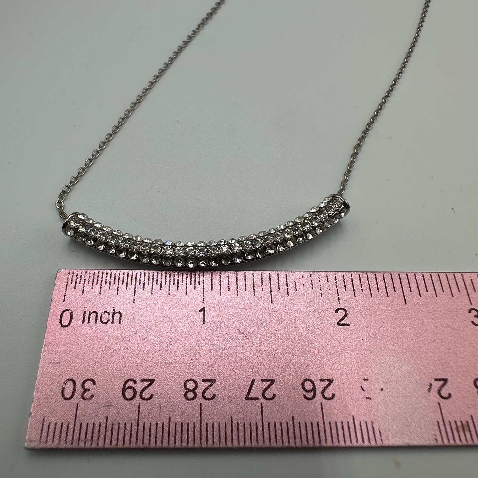 Rhinestone Bar Necklace Women Silver Tone Dainty Thin Chain Lightweight 14 Inch