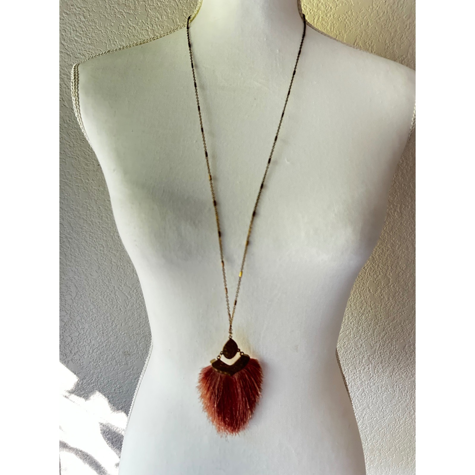 Blush Pink Fringe Tassel Long Pendant Necklace Boho Brass Tone 34 Inch Chain