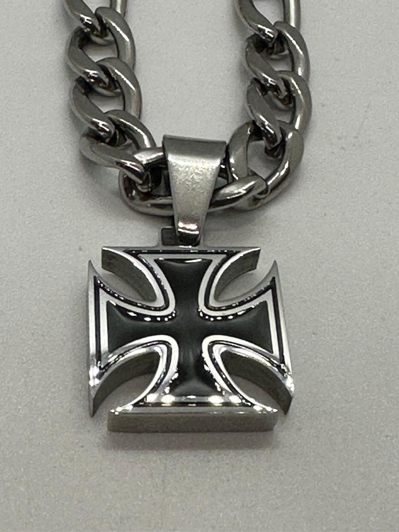 Strong & Solid Iron Cross Small Pendant Charm 8mm Figaro Necklace Stainless 104