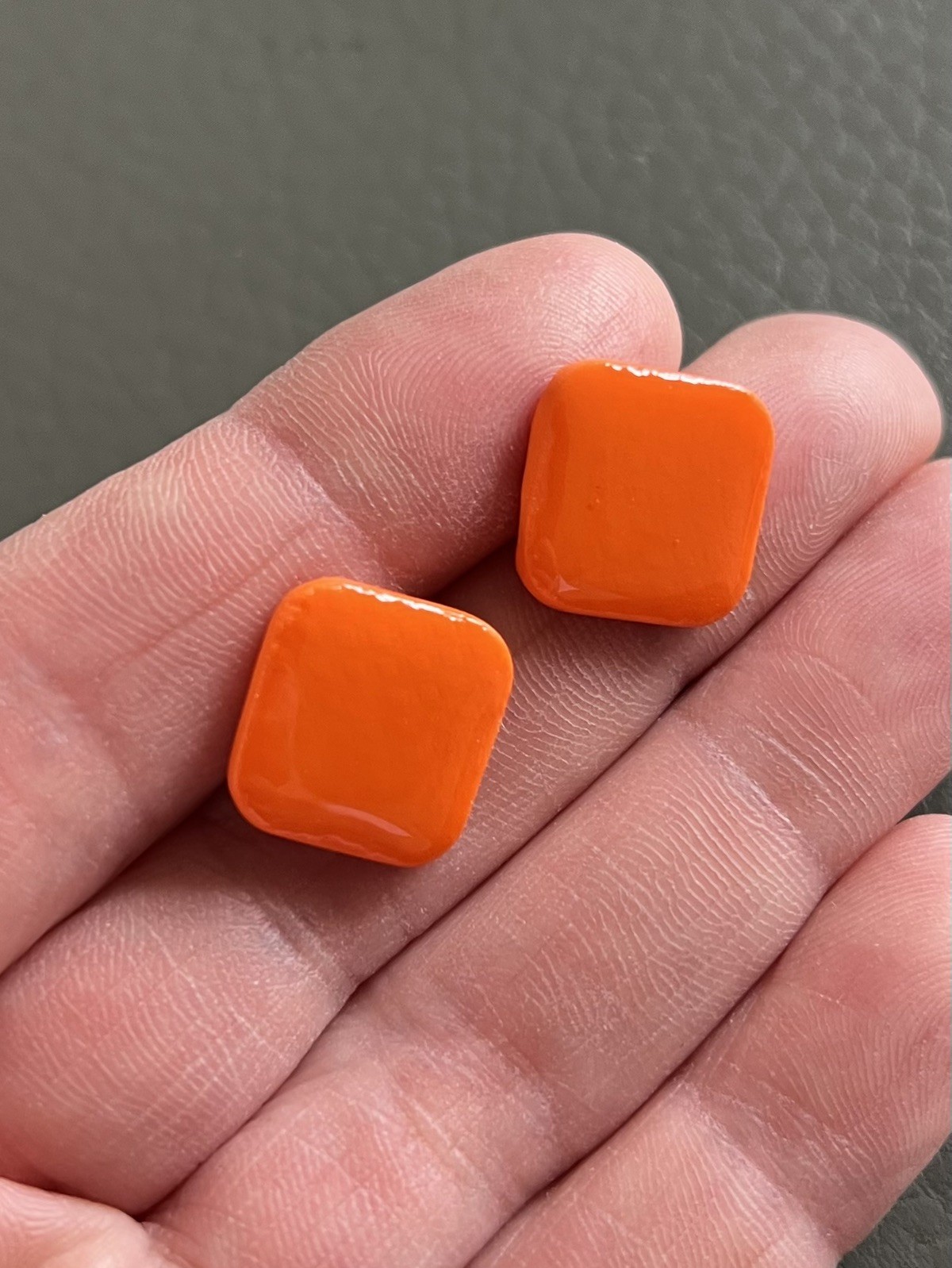 Handmade Orange Resin-Coated Polymer Clay Stud Earrings Square Ultra Lightweight