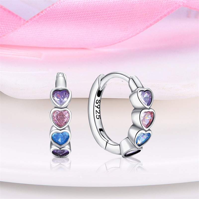 PANDACH 925 Sterling Silver Tiny Colorful Heart Huggie Hoop Earrings For Women