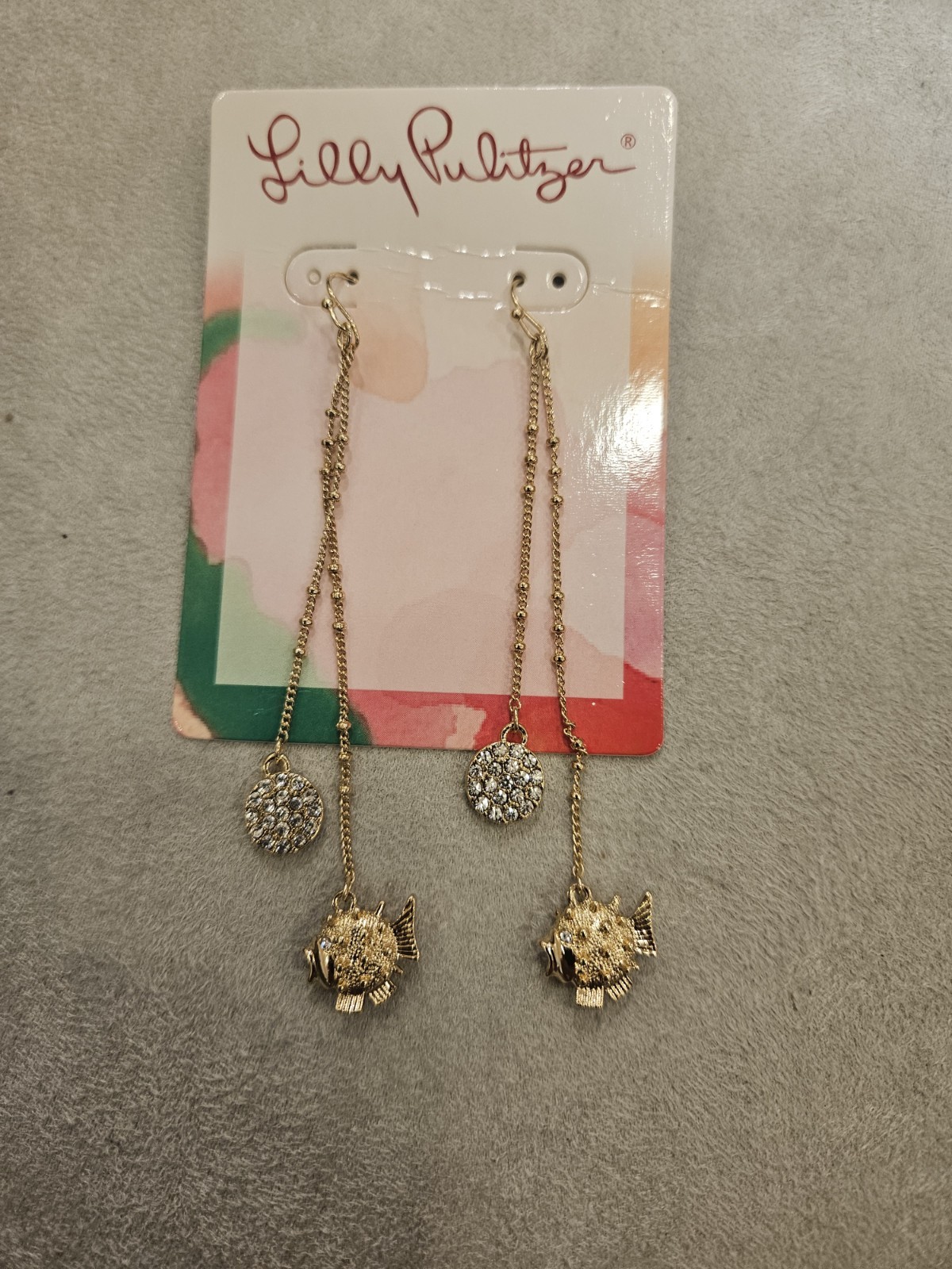 Lilly Pulitzer Earrings Gold Fish Drop Dangling Puffer Fish Ocean Dust Bag New