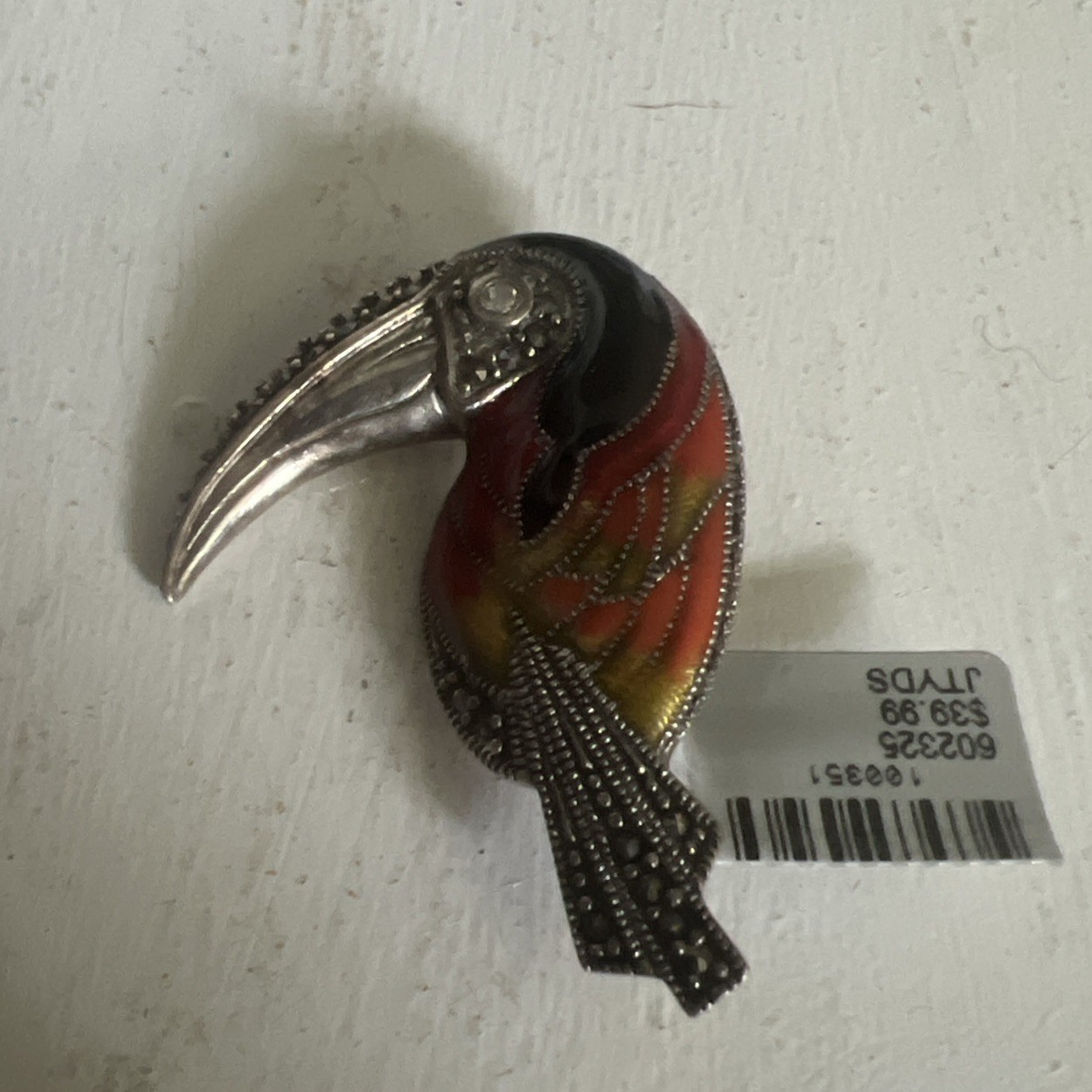 Toucan Brooch Silver .925 Black, Red & Gold Inlay, Marcasite Stones, 1 3/4″L, 9g