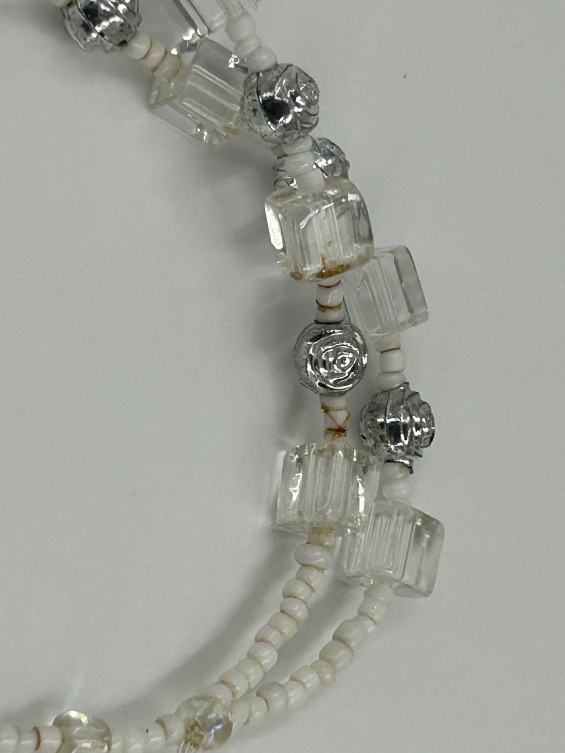 Vintage Religious Rosary Necklace Silver Tone ClearGlass Beads 27 Inch