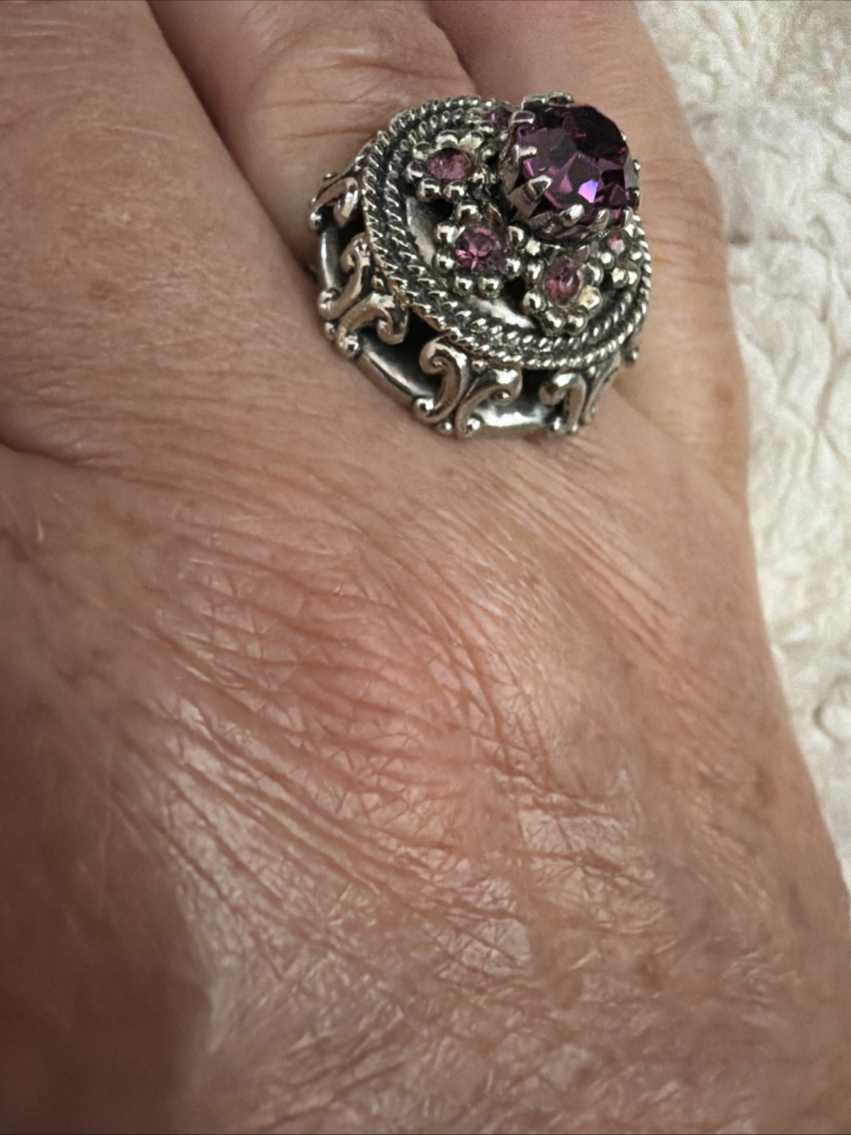 LARGE Stamped W GERMANY SILVER RING Gemstone SIZE 6 Amethyst Adjustable Sz 6-8