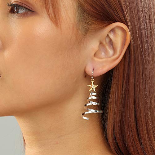 Handmade Christmas Tree Dangle Hoop Earrings Golden Silver Two Tone Women