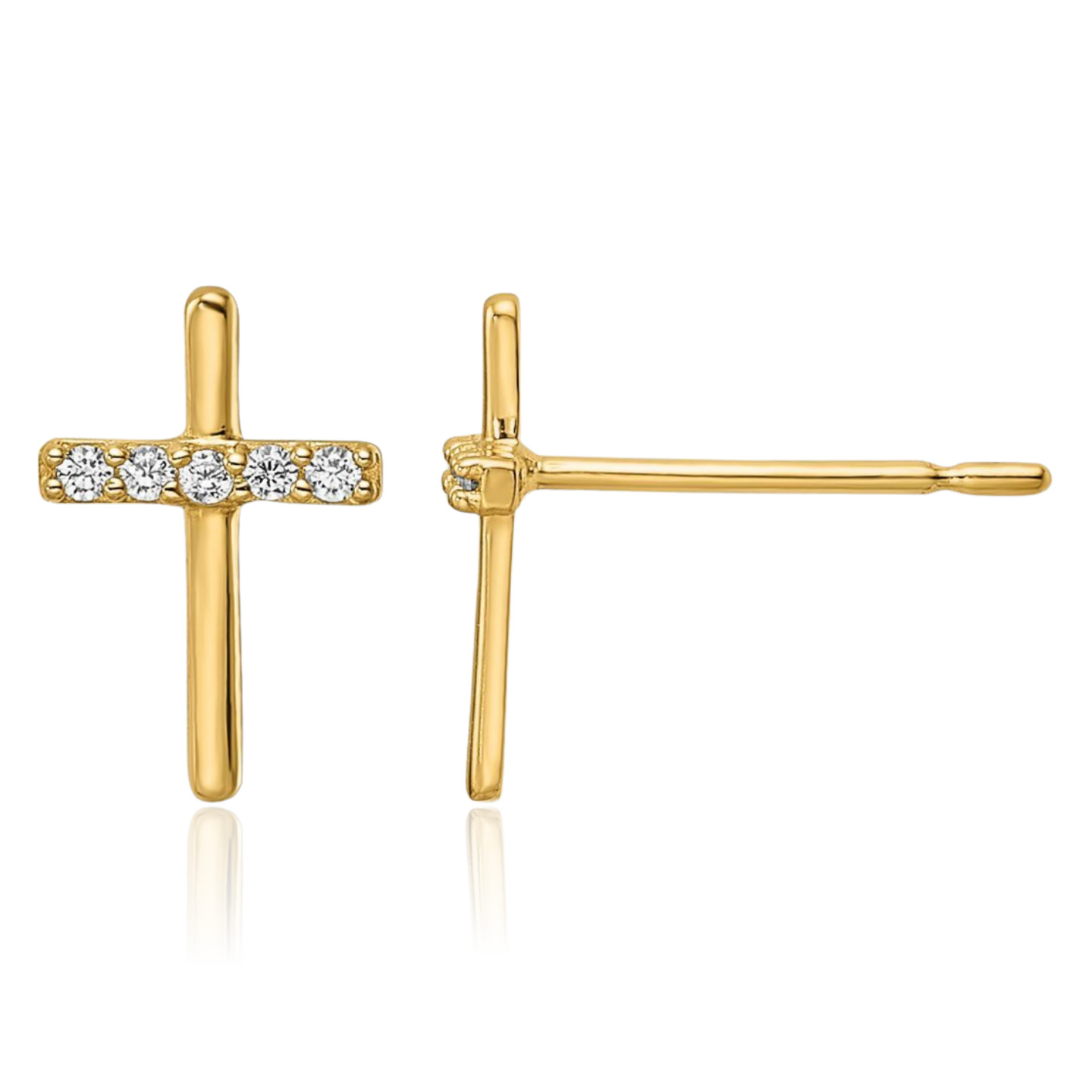 14K Solid Yellow Gold Cubic Zirconia Large Cross Stud Earrings 9.4mm 3/8 inch
