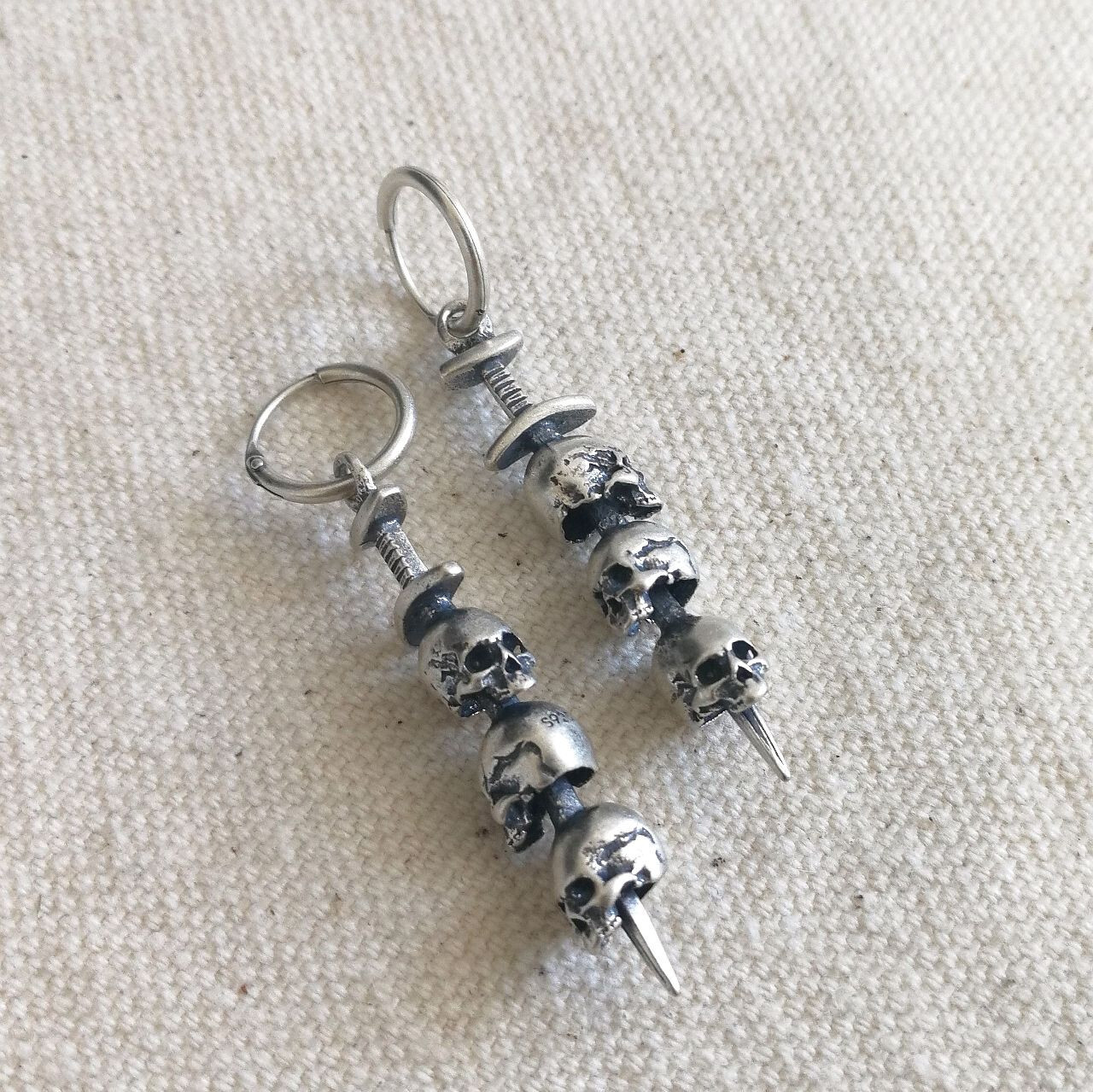925 Sterling Silver Three Skulls on Sword on Small Hoop Earrings Gothic Unique