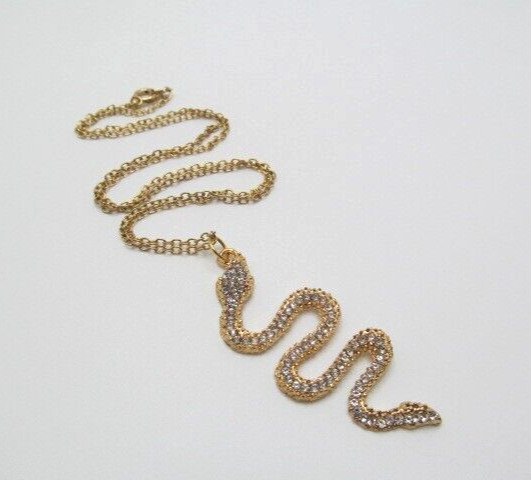 Gold Tone Crystal Snake Serpent Pendant on Oval Link Chain Necklace 19 Inch