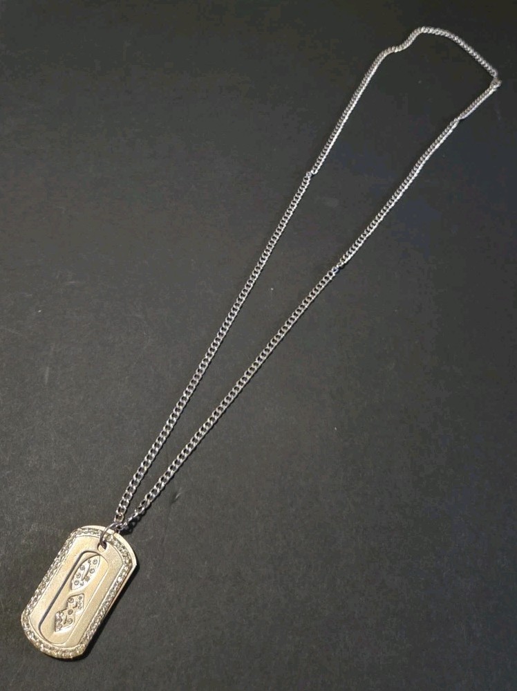Double Dog Tag Necklace Silver Tone Clear Rhinestones 08 Bling 34.5″