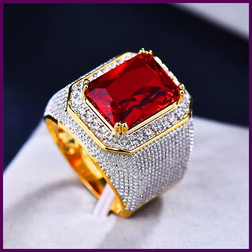 Gorgeous Big Male Female Red Zircon Stone Ring Large Yellow Gold Color