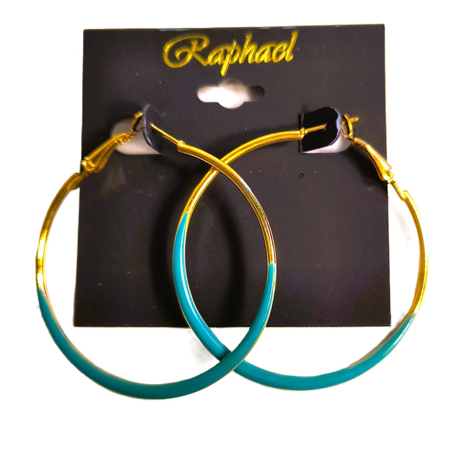 Raphael New With Tags Round Hoop Earrings Teal / Goldplated 2 Inches Snap Lock