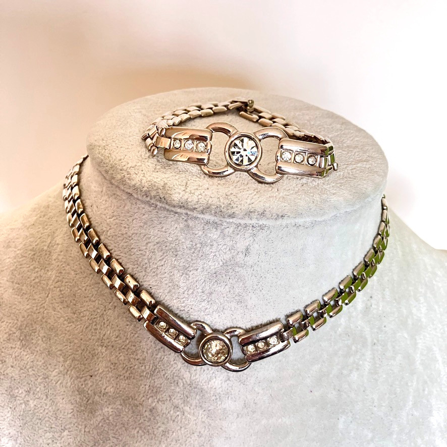 Panther link necklace 36cm bracelet 20cm set decorative silver tone metal unisex
