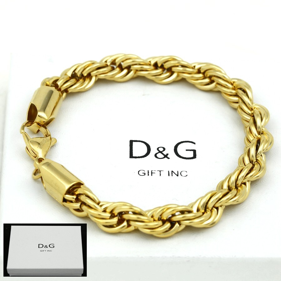Men’s Stainless Steel 8mm Rope chain 8.5″ Bracelet Gold plated + Box