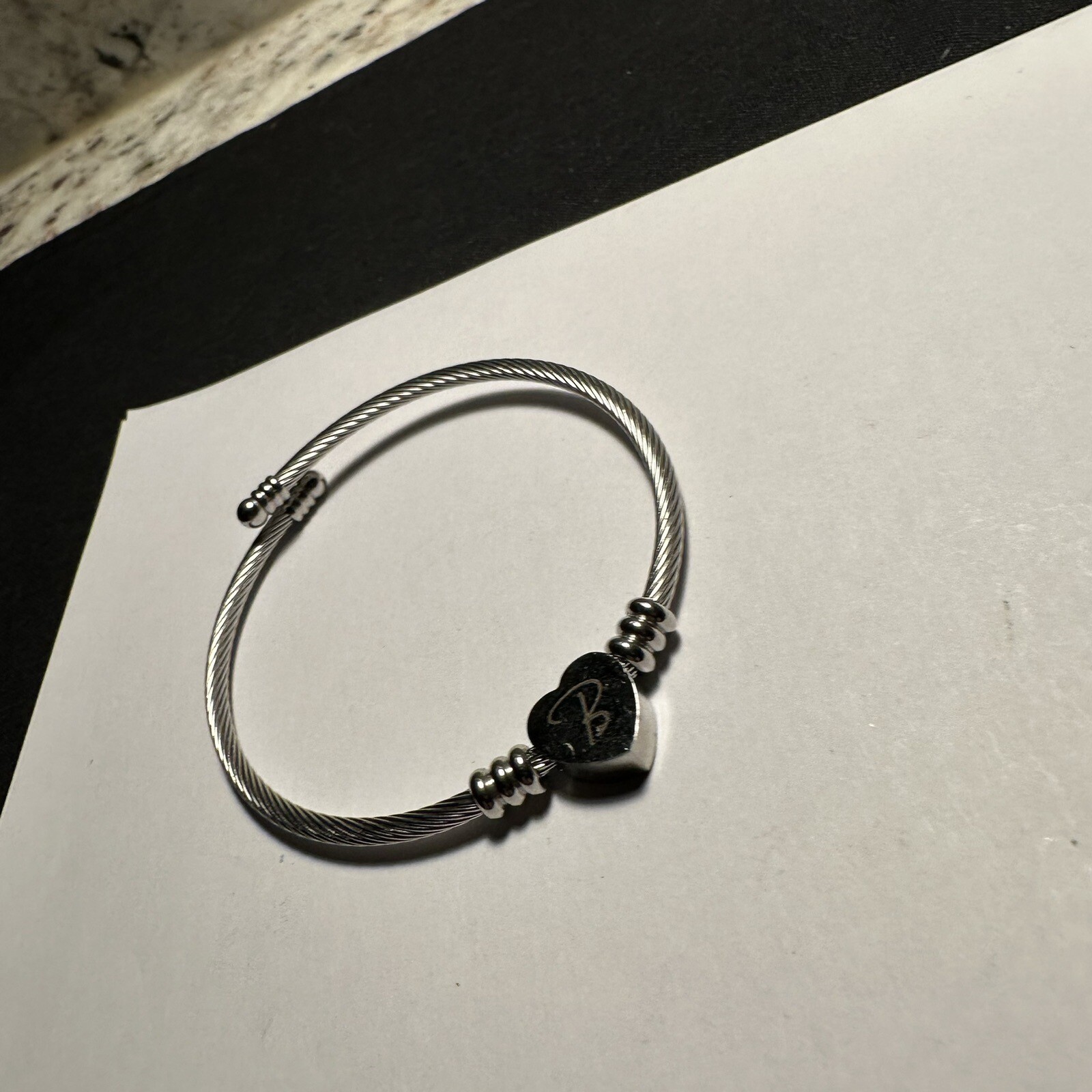 Women’s Silver Tone Cable Bangle Bracelet 7 1/4 Inch Letter / Initial B Heart