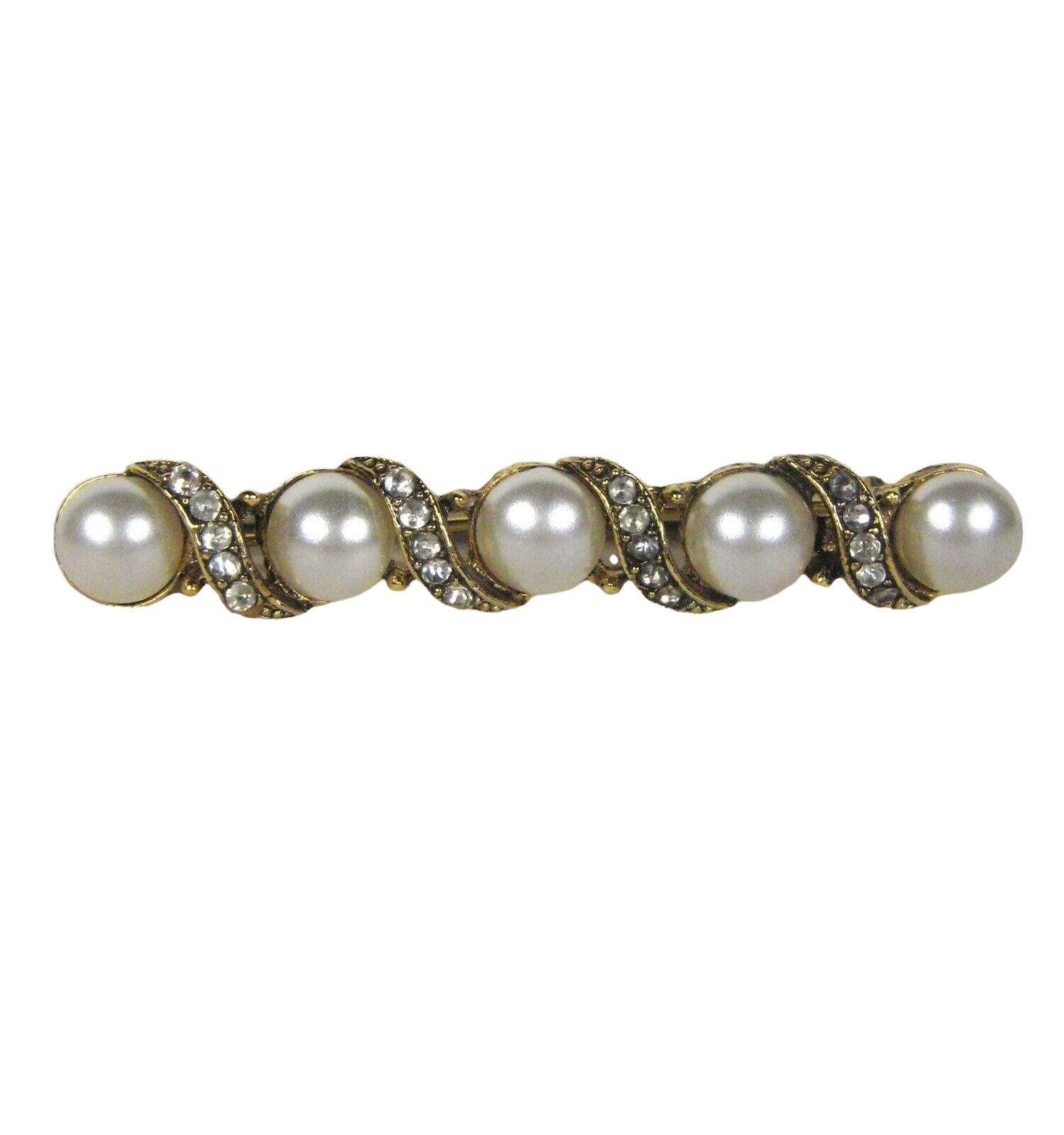 Bar Goldtone Brooch 2.4 in Pin Faux Pearl Rhinestones Vintage Style Jewelry