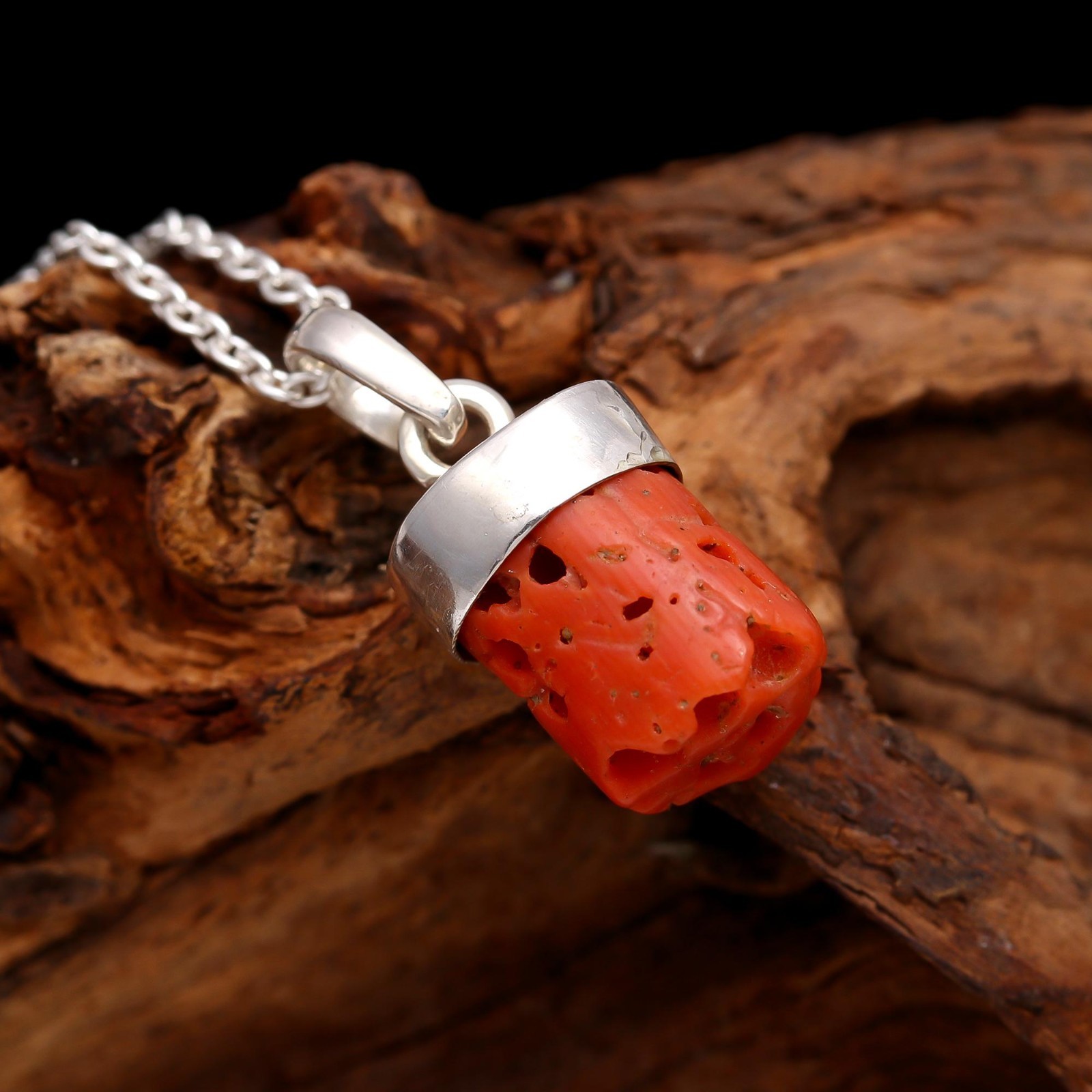 Natural Italian Red Coral Rough Chain Pendant 925Sterling Silver Vintage Jewelry