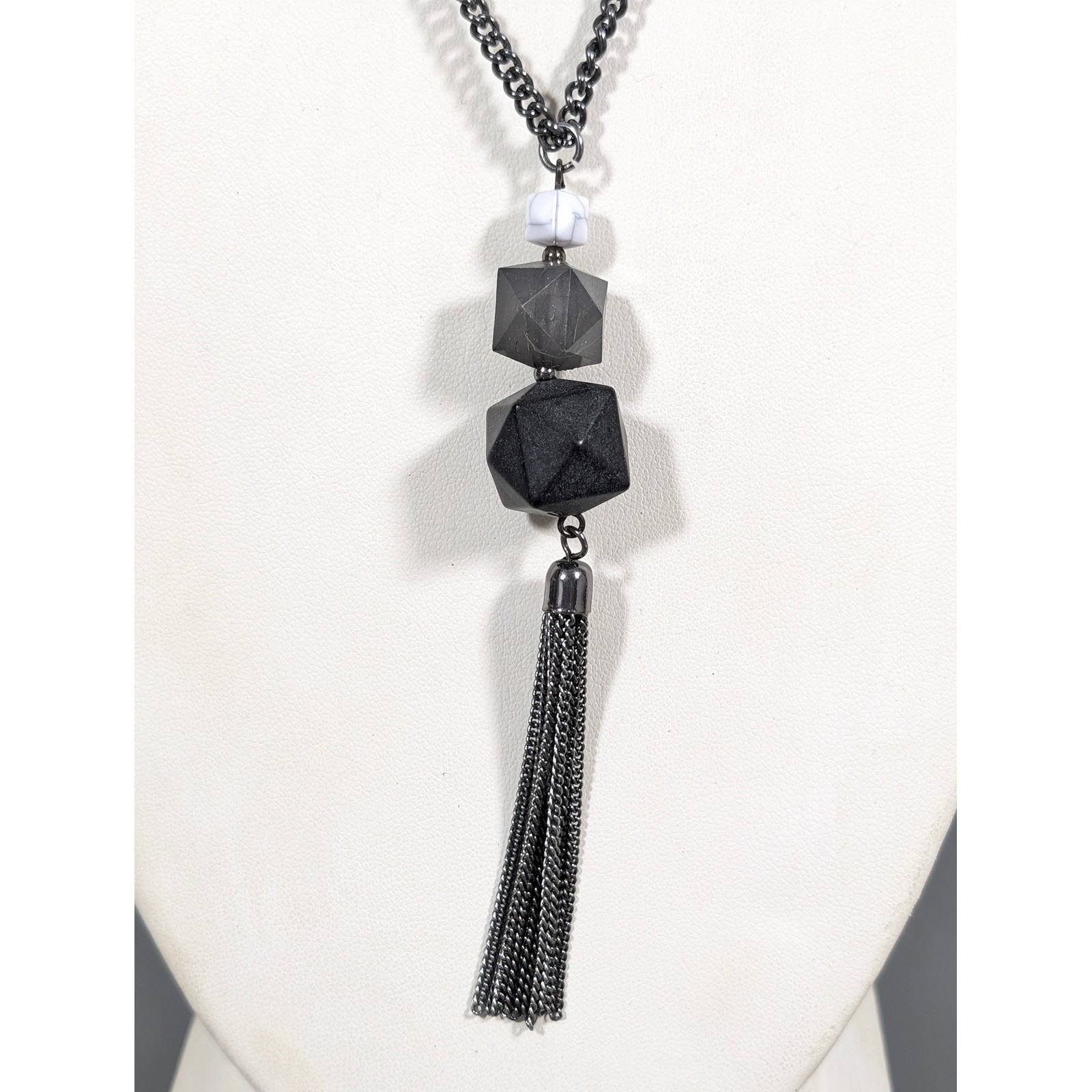Long Gray Beaded Necklace Tassel Pendant Metallic Acrylic 32″ Layering Statement
