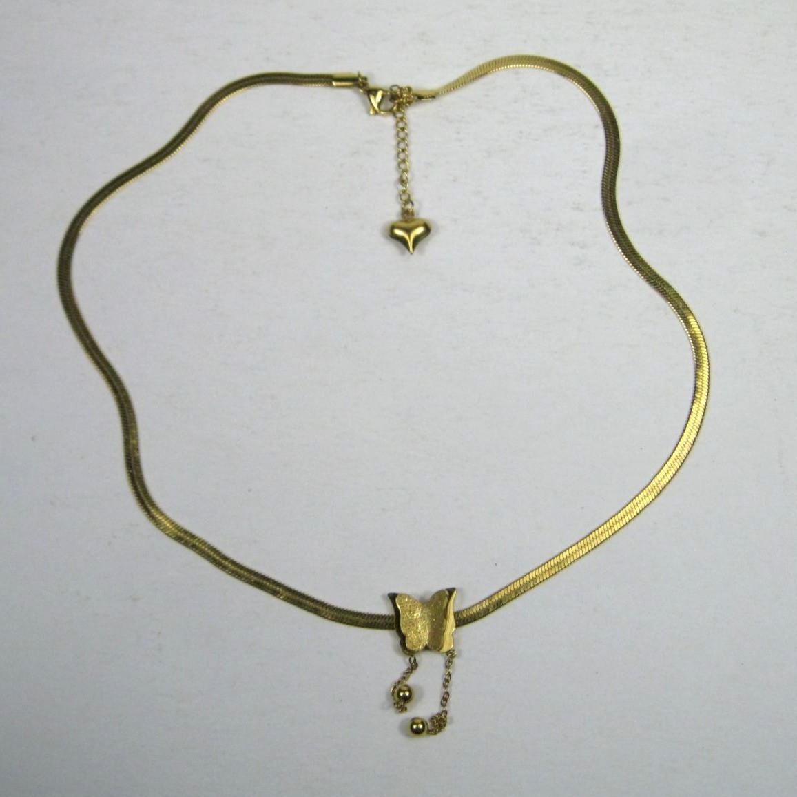 Gold Tone Butterfly Pendant Chain Necklace 16 in Adjustable Choker Collar Sleek
