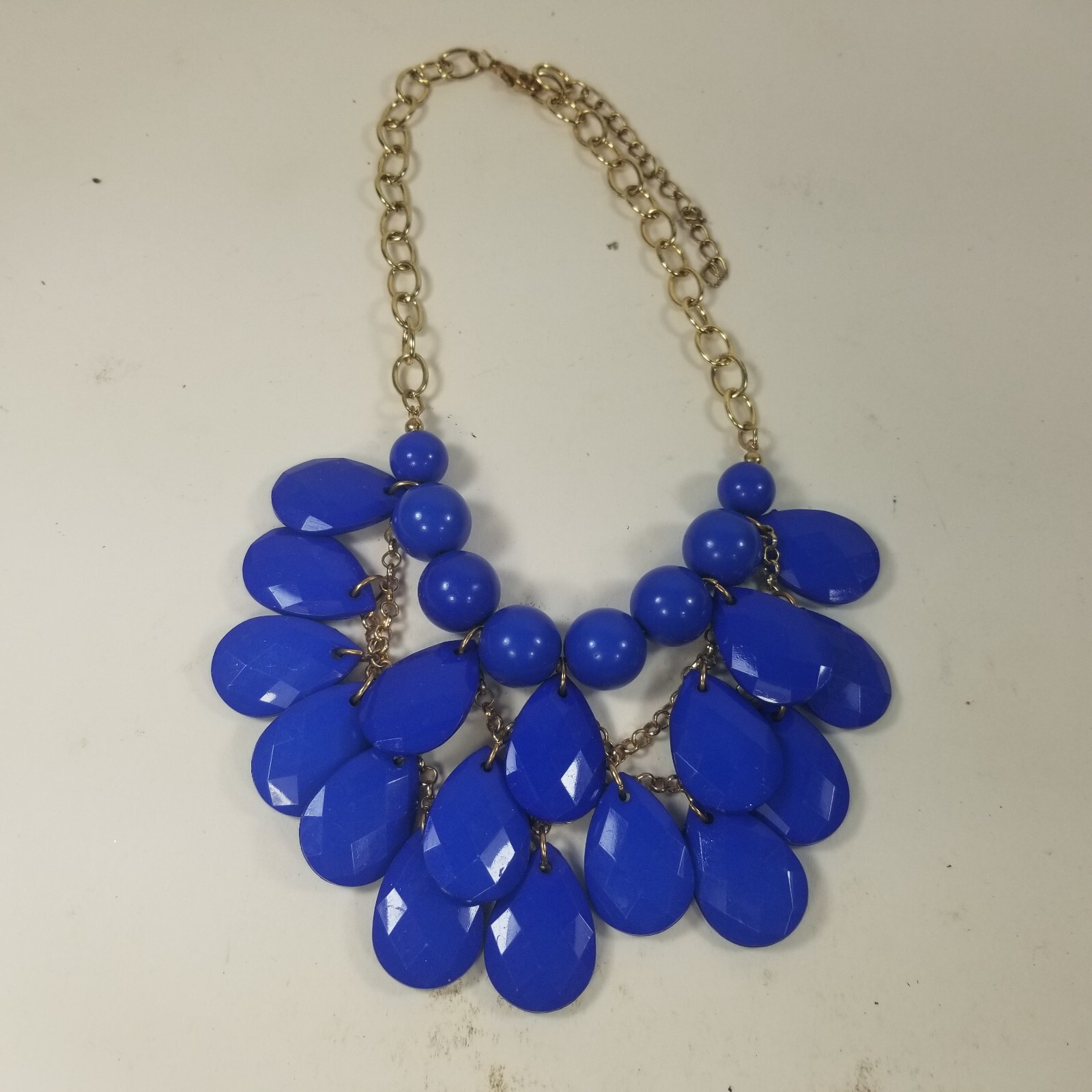 Gold Tone Bib Collar Blue Bead Faceted Statement Necklace Wedding Choker