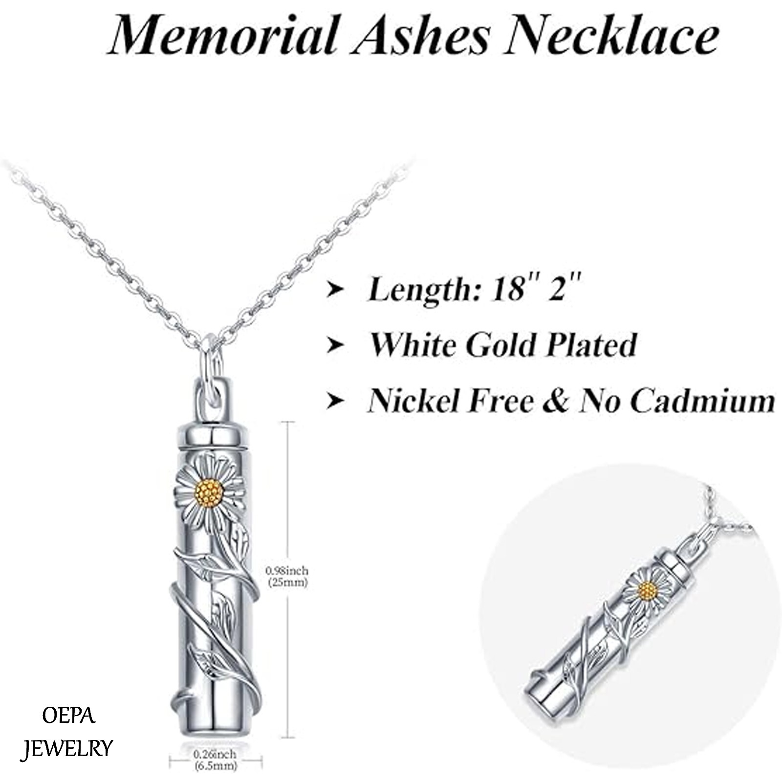 Daisy Urn Necklace 925 Sterling Silver for Ashes Cremation Keepsake Necklace