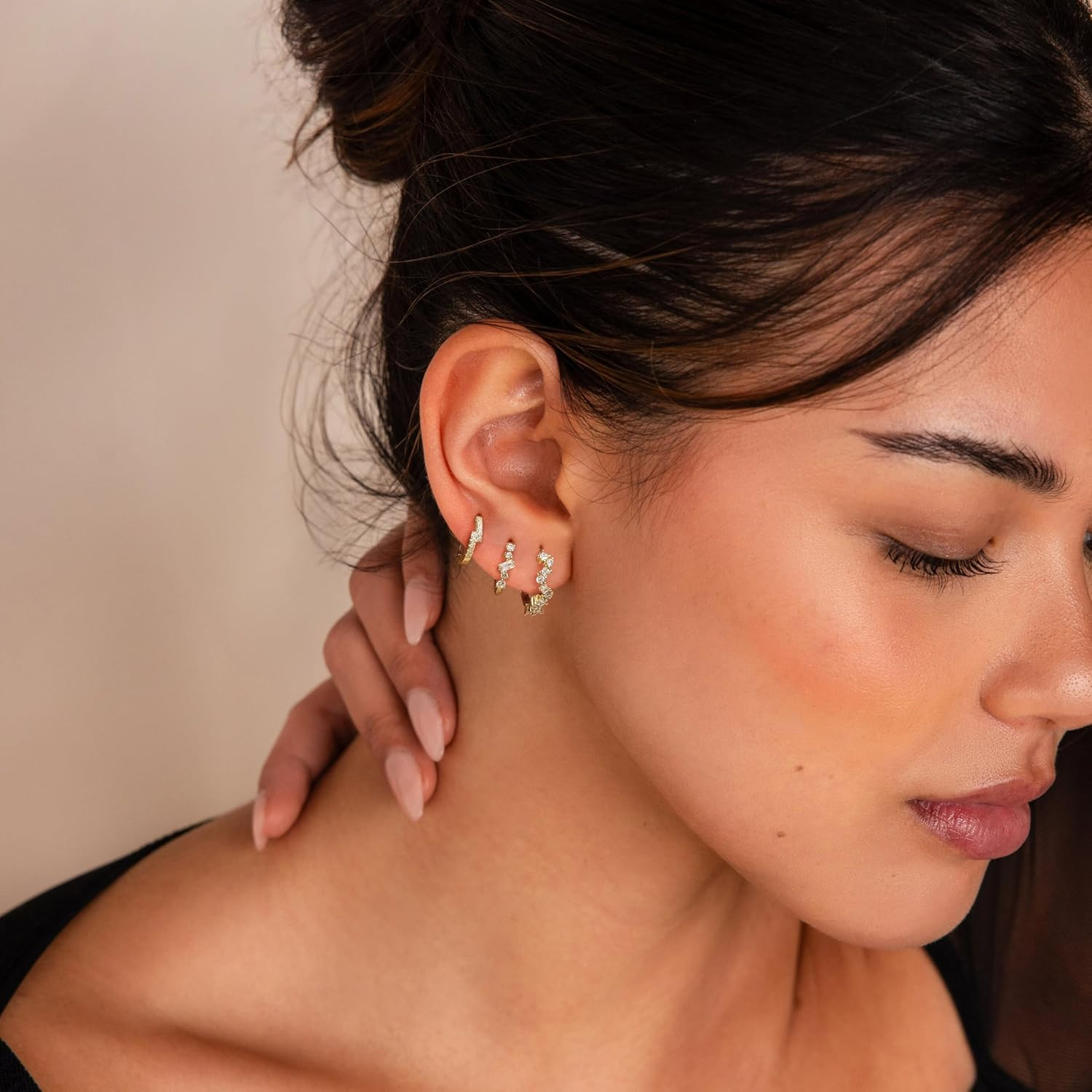 CZ Huggie Earrings for Women, Dainty Gold Earring Stacks 14K Gold Plated Small H