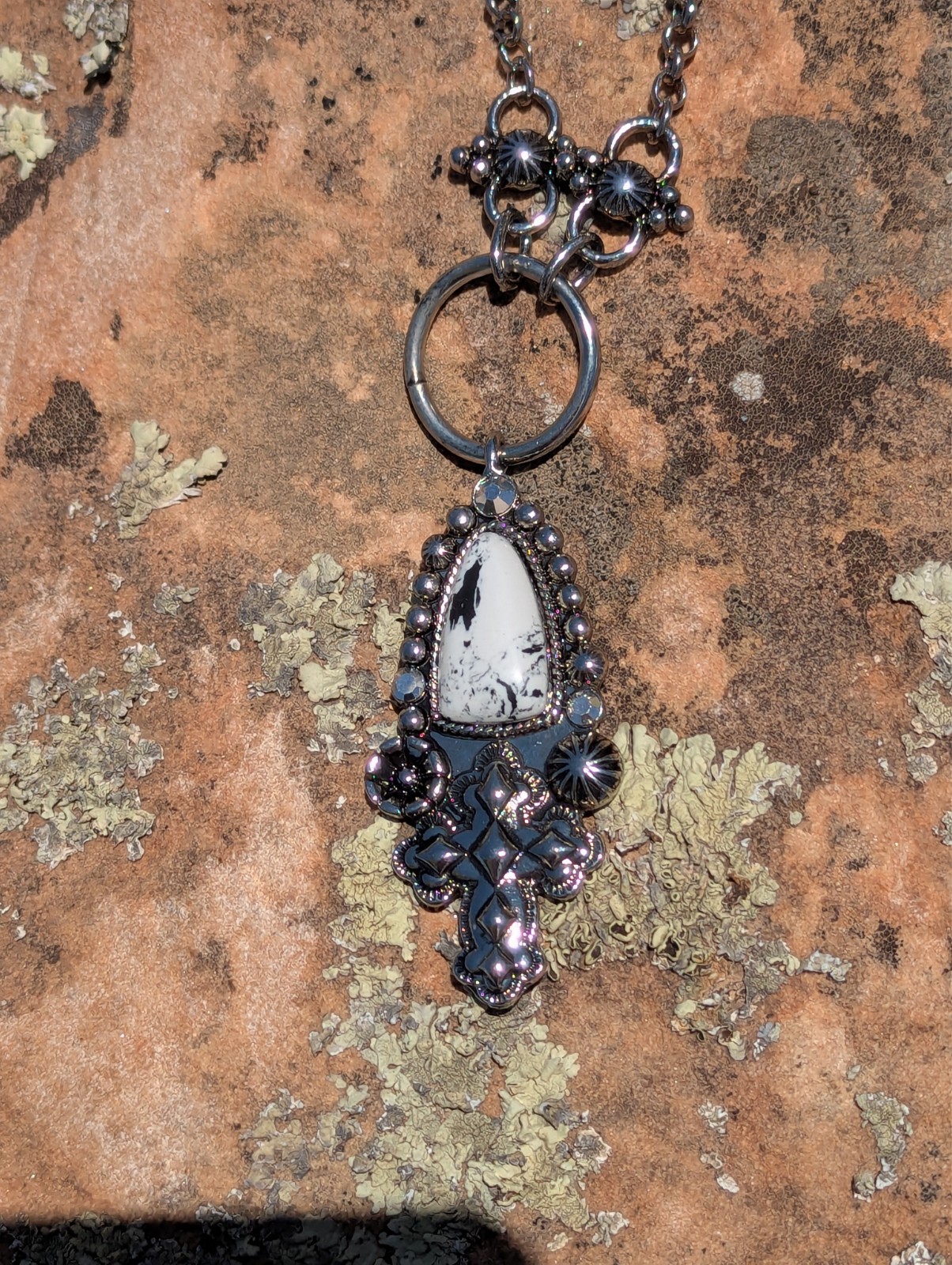 White Buffalo Howlite Teardrop Cross Pendant Necklace Silver Tone Boho Rodeo