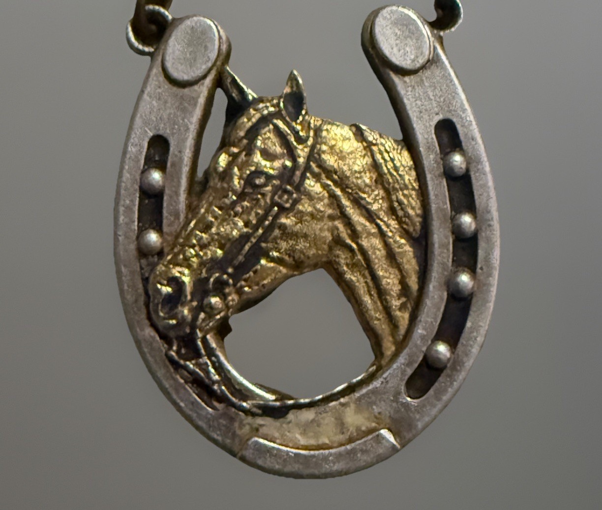 Silver Tone Horse Head Lucky horseshoe Necklace Cowboy Equestrian Animal VTG