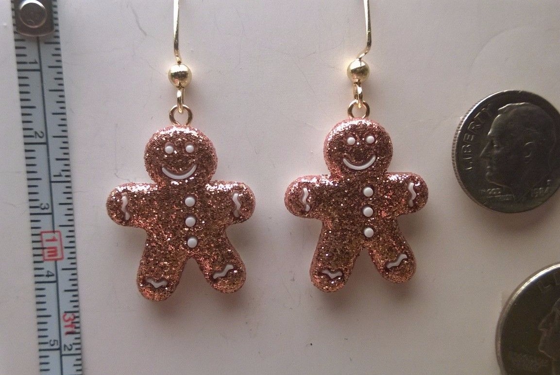 Gingerbread Man Gold Glitter Christmas or anytime Gold Dangle hook Earrings