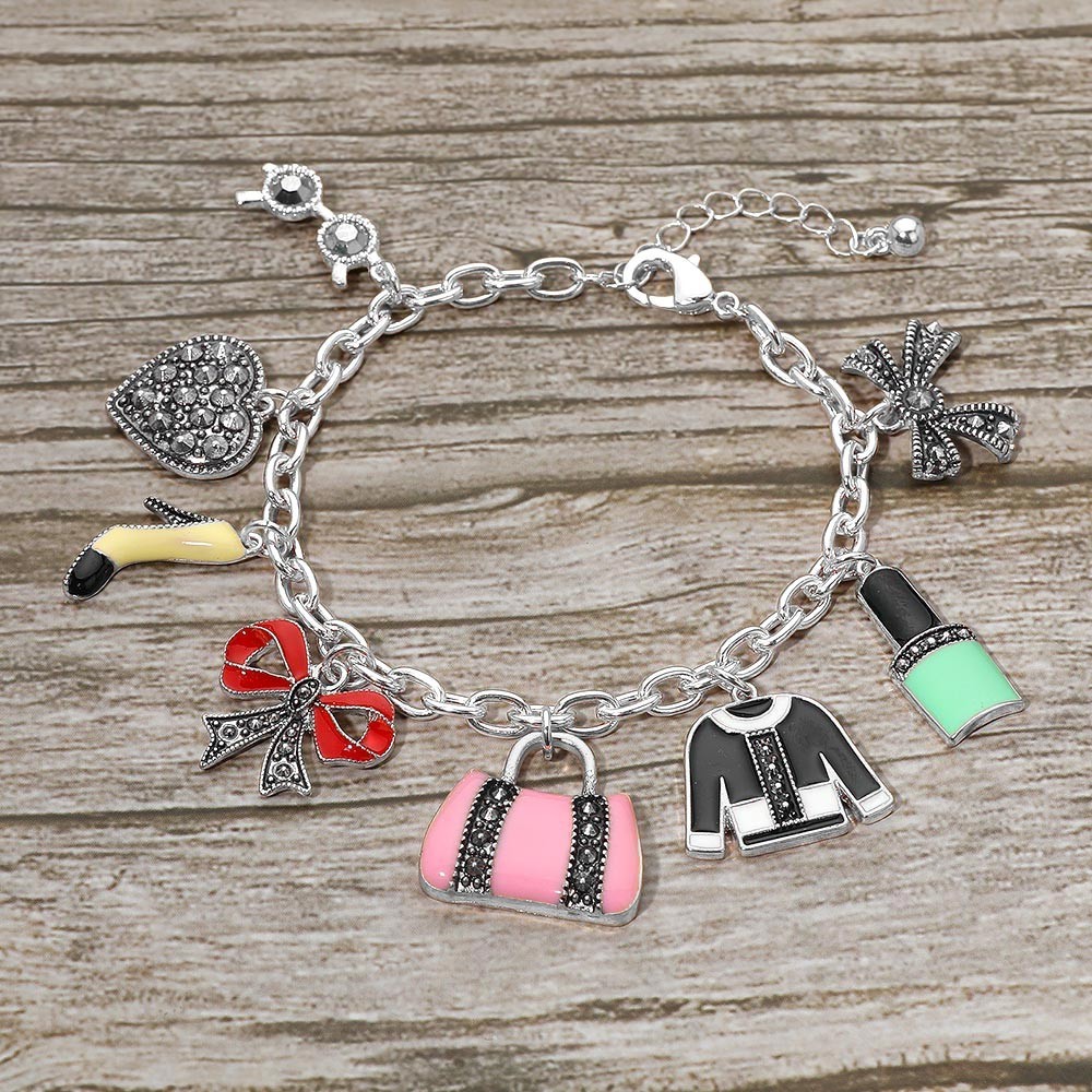 Boutique Fashion Bracelet with Heel, Purse & Lipstick Charms Gift for Her
