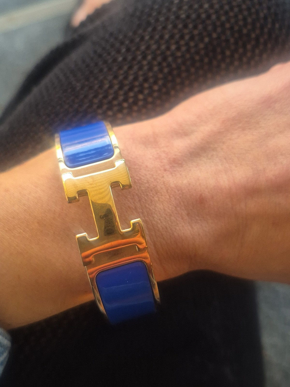 Hermès Clic H Blue Enamel Gold Tone Hinged Bangle Cuff Bracelet Signed