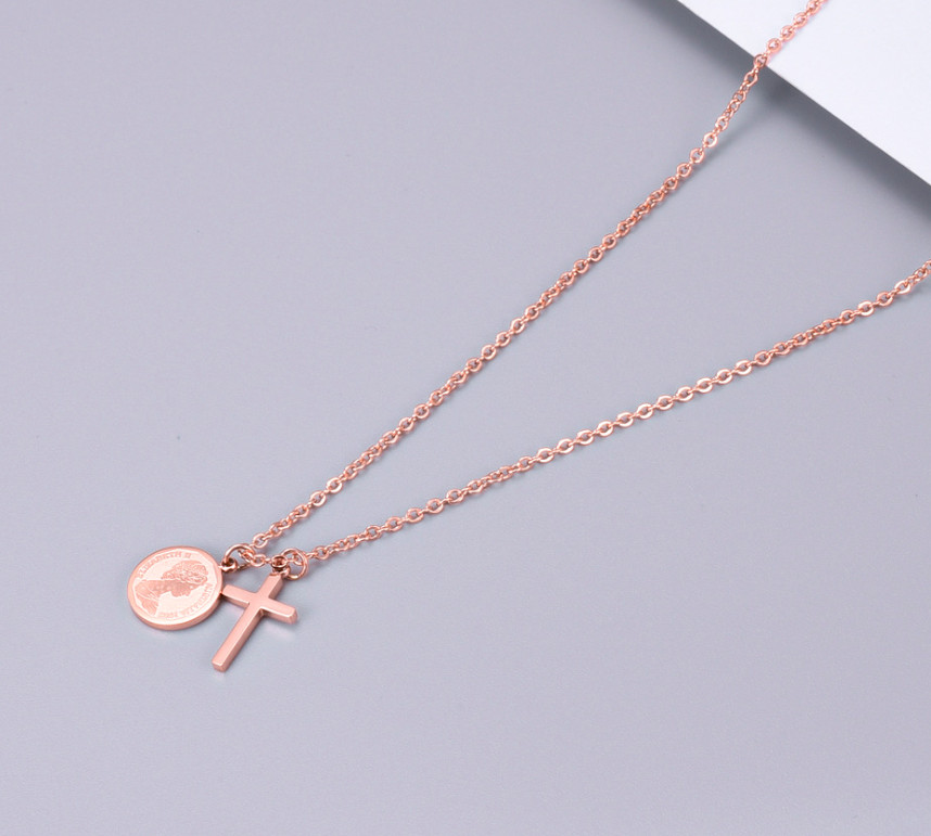 18KGP Gold Rose Gold Tone Stainless Steel Cross Elizabeth Coin Pendant Necklaces
