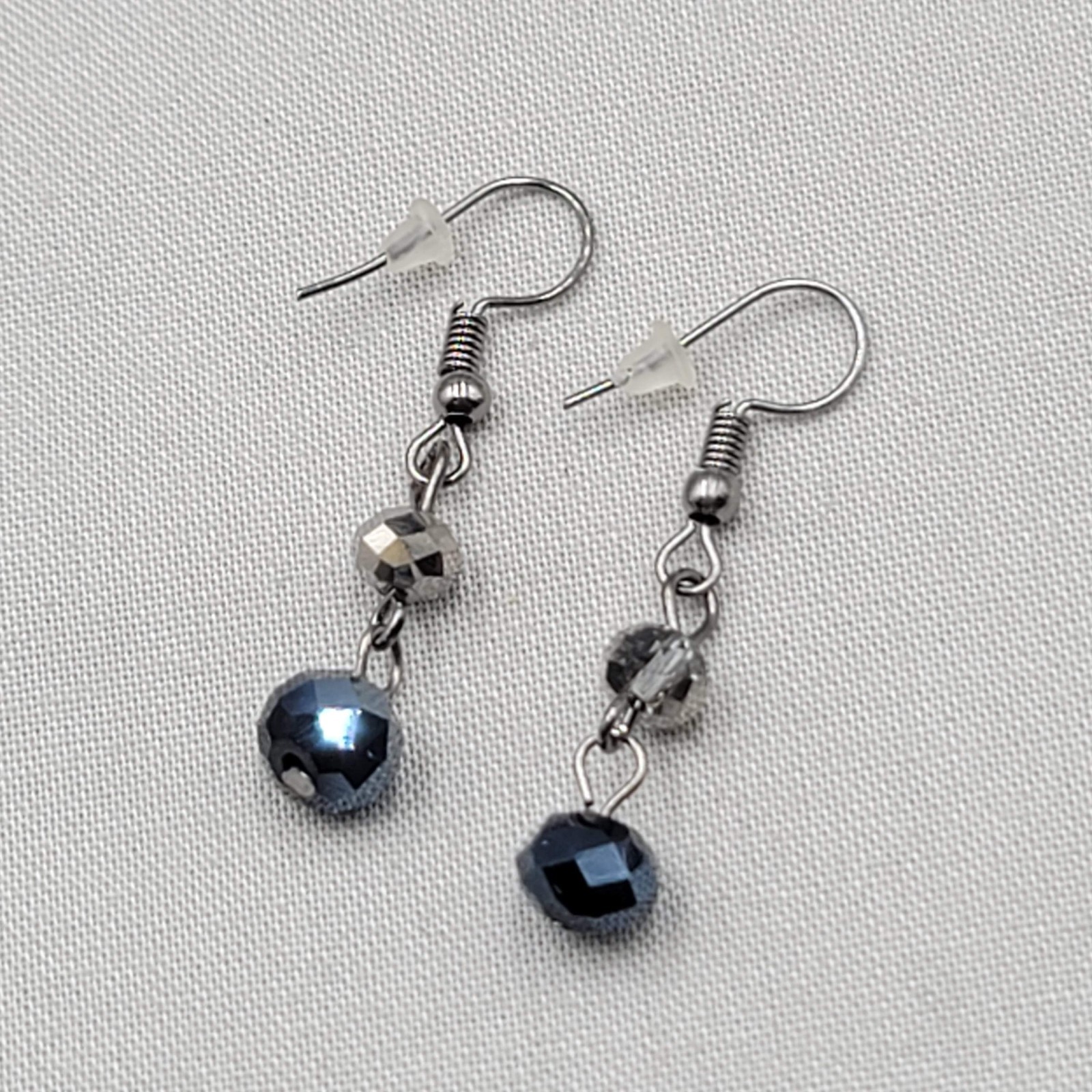 Blue Gray Faceted Crystal Bead Pierced Earrings Gunmetal Gray Dangle 7/8″