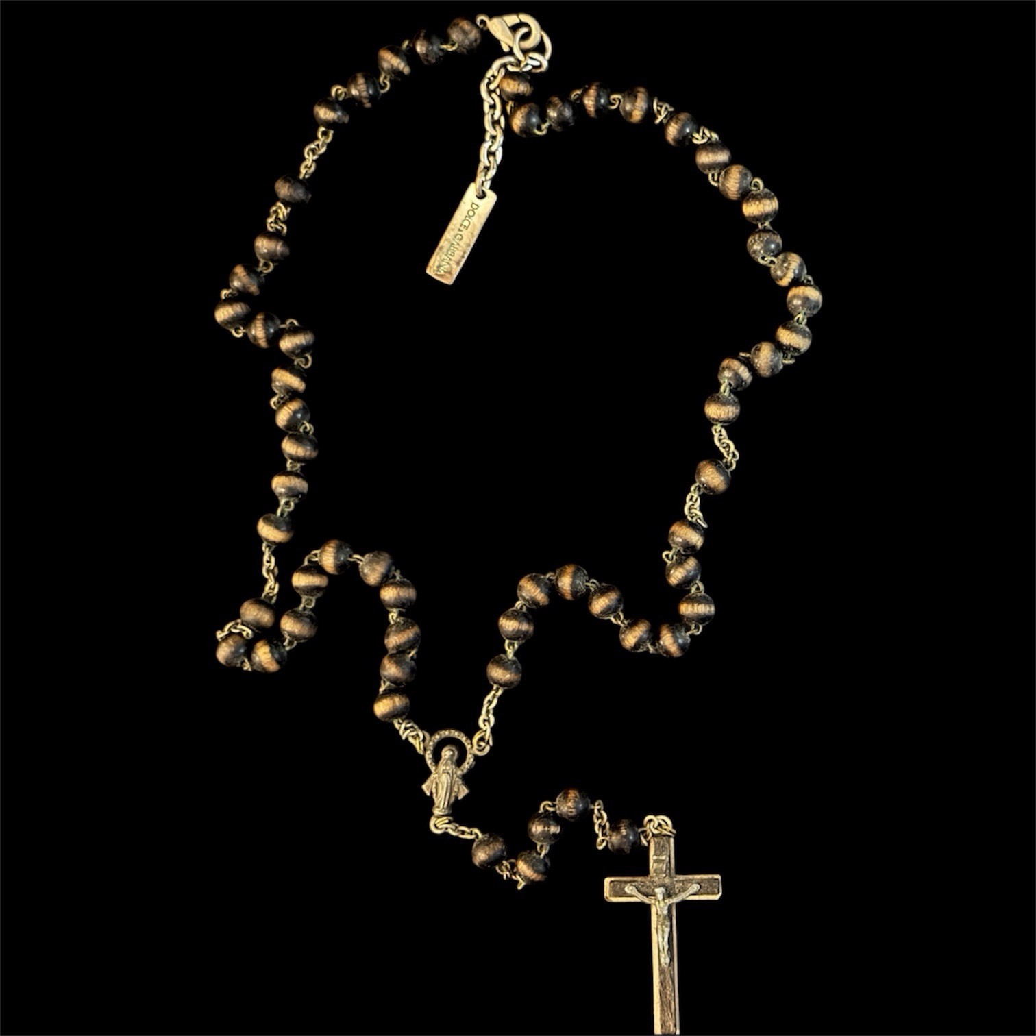 Vintage Dolce & Gabbana Wood Bead Rosary Necklace Crucifix DG Logo Plate Y2K